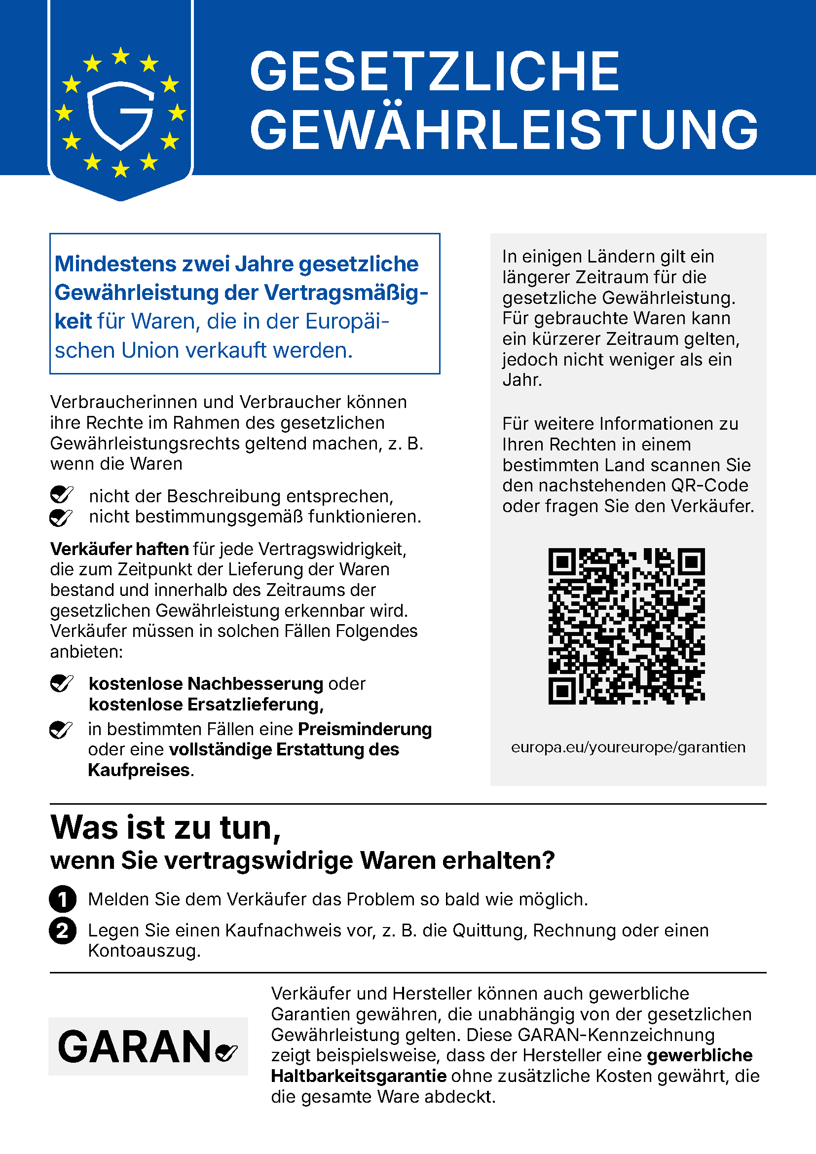 Harmonisierte EU-Mitteilung: Gesetzliche Gewährleistung. Der vollständige Text steht unter dem Bild.